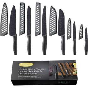 Knife Set, 12pcs, Black Chef Knives with Sharp Blades, Blade Guards, Stainless Steel, Dishwasher Safe