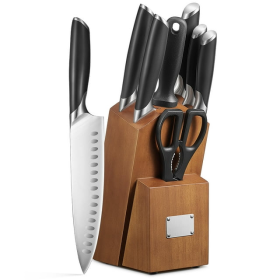 Knife Set, 8pcs, Premium Knife Block Set, High Carbon German Steel, 5 Knives, Sharpening Steel, Scissors