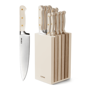 11PCS Knife Set with Block for kitchen, Stainless Steel Razor-Sharp Blade, Triple Riveted Ergonomic Handle,Essential Knife Set, Beige