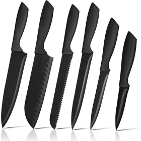 Knife Set, 6pcs, Black Chef Knives with Sharp Blades, Nonstick Coating, Easy Grip Handle