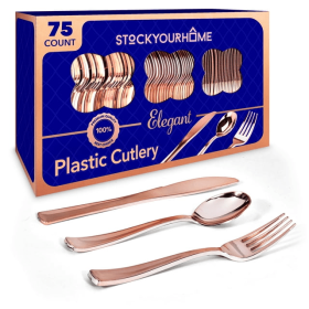 Plastic Silverware Set, 75pcs, Heavy Duty (Rose Gold) , Disposable Cutlery Set, Great for Parties, Weddings, and Catering