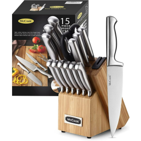 15-Piece Stainless Steel Knife Set,MC19 Knife Block Set with Built-in Sharpener,Chef Knife for Home