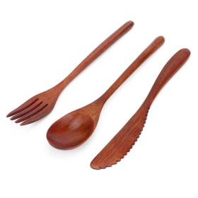 Wooden Tableware, Dinnerware, Wooden Cutlery Set, Spoon Fork Knife, With Bag