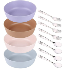 Bamboo Bowls and Stainless Steel Silverware Set – (12-Piece) 4 Kids Bowls