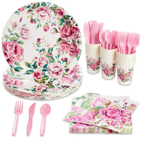 Paper Tea Party Supplies, Pink Floral, 144pcs, GIRLS BABY SHOWER, Vintage Style