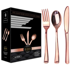 Plastic Silverware Set, 120 Piece Rose Gold,  Re-Usable, Recyclable, 40 Forks, 40 Spoons, 40 Knives, Weddings