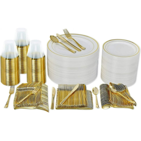 Plastic Dinnerware Party Set, 600 Piece (100 Guest), 100 Salad Gold Plates, 100 Gold Plastic Silverware Set