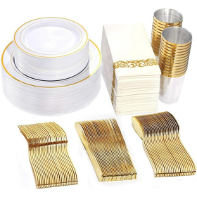 Gold Plastic Plates, Gold Disposable Cutlery & Gold Plastic Cups- Napkins, 50Guest, dis