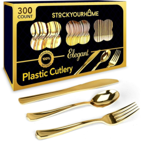 Gold Plastic Cutlery Set, 300 Total - Forks, Spoons, and Knives