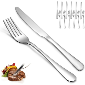 Silverware Set, 12 Pcs, with 6 Dinner Knives and 6 Dinner Forks, Boriyuan Silver Stainless Steel Flatware Set