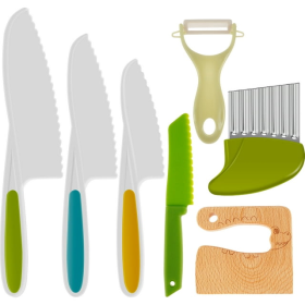 Plastic Safe Knife Set , 7Pcs, Wooden Cutting Board, Serrated Edges Plastic Toddler Knife, Jetcloudlive