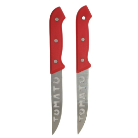 Tomato Slicing Knife Set - 2 Pack, cutout of the word tomato on 10" Serrated Stainless Steel Blade