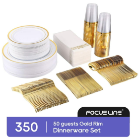 Plastic Gold Rim Dinnerware Set, 350 Piece