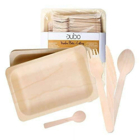 Wooden Cutlery, 60 Utensils, 12 10.5-inch Plates, 12 Forks 12 Knives 12 Spoons 12 Small Spoons EcoFriendly Silverware Compost