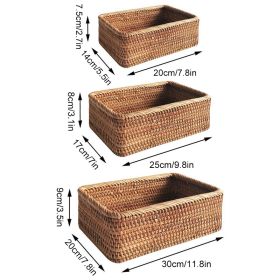 Wicker Basket, 3pcs Hand-Woven Rattan  Fruit Tea Snack Bread Basket, Cosmetic, Rectangular Storage Box (Color: 3pcs mixed set, Ships From: China)