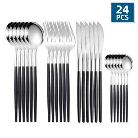 Flatware, 24pcs/Set, Stainless Steel, Portuguese Cutlery; Spoon, Fork, Knife,  Western Cutlery Set, Serves 6 (Color: Silver + Black)