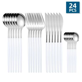 Flatware, 24pcs/Set, Stainless Steel, Portuguese Cutlery; Spoon, Fork, Knife,  Western Cutlery Set, Serves 6 (Color: Silver + White)