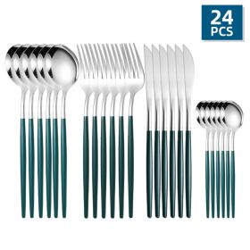 Flatware, 24pcs/Set, Stainless Steel, Portuguese Cutlery; Spoon, Fork, Knife,  Western Cutlery Set, Serves 6 (Color: Silver + Green)