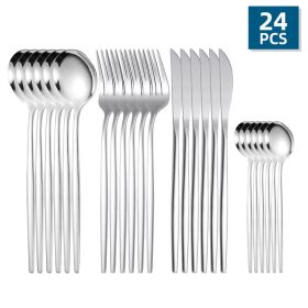 Flatware, 24pcs/Set, Stainless Steel, Portuguese Cutlery; Spoon, Fork, Knife,  Western Cutlery Set, Serves 6 (Color: Silvery)