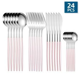 Flatware, 24pcs/Set, Stainless Steel, Portuguese Cutlery; Spoon, Fork, Knife,  Western Cutlery Set, Serves 6 (Color: Silver + Powder)