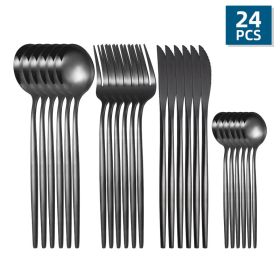 Flatware, 24pcs/Set, Stainless Steel, Portuguese Cutlery; Spoon, Fork, Knife,  Western Cutlery Set, Serves 6 (Color: Black)