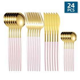 Flatware, 24pcs/Set, Stainless Steel, Portuguese Cutlery; Spoon, Fork, Knife,  Western Cutlery Set, Serves 6 (Color: Gold + Pink)