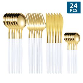 Flatware, 24pcs/Set, Stainless Steel, Portuguese Cutlery; Spoon, Fork, Knife,  Western Cutlery Set, Serves 6 (Color: Gold + White)