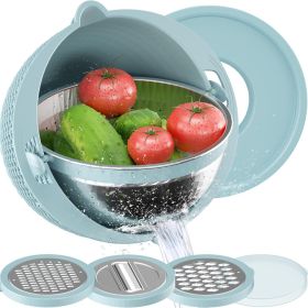 Pivoting Food Strainer in Mixing Bowl with 3 Grater Attachments, 4 in 1 Colander (Color: Blue)