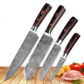 Chef Knife 7in, Carpenter's Special, Metal Accent Brown Wood Handle (Style: 4PCS)