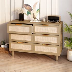 Rattan dresser, 6 drawers, Bedroom, Living Room (Color: Oak)