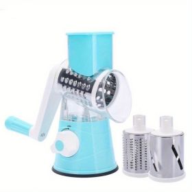 Crank Handle Vegetable Slicer, 3in1, Round Veggie Chopper, Rotary Drum Grater, 3 Stainless Steel Blades (Color: Blue)