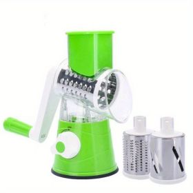 Crank Handle Vegetable Slicer, 3in1, Round Veggie Chopper, Rotary Drum Grater, 3 Stainless Steel Blades (Color: Green)