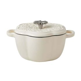 Dutch Oven with Floral Lid, Beautiful Design, Enamel on Cast Iron 2-Quart (Color: Linen)