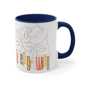 Ceramic Mug, 11oz, Say It Soul, Keep Growing, Pastel Colors, Floral Line Art, Woman Line Art, Accent (Color: Navy)