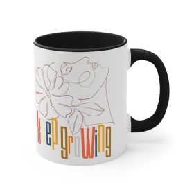 Ceramic Mug, 11oz, Say It Soul, Keep Growing, Pastel Colors, Floral Line Art, Woman Line Art, Accent (Color: Black)