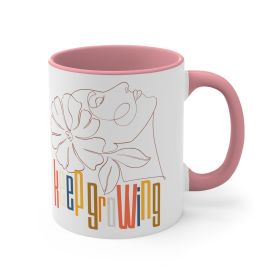 Ceramic Mug, 11oz, Say It Soul, Keep Growing, Pastel Colors, Floral Line Art, Woman Line Art, Accent (Color: Pink)