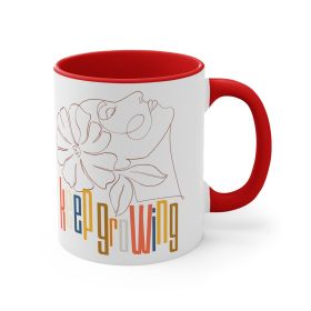 Ceramic Mug, 11oz, Say It Soul, Keep Growing, Pastel Colors, Floral Line Art, Woman Line Art, Accent (Color: Red)